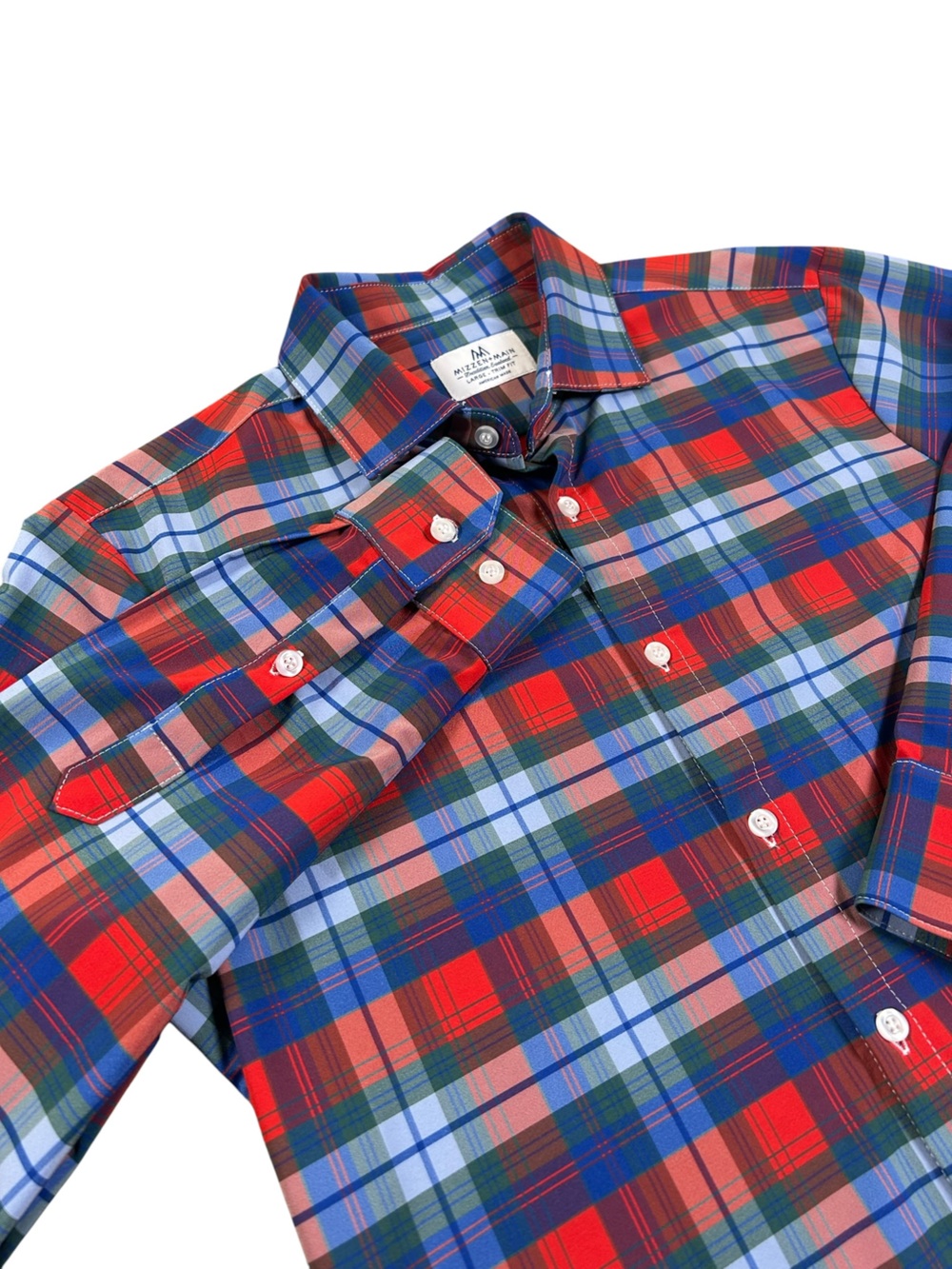 MIZZEN+MAIN Men’s Large Trim Fit Red Green Blue Plaid Performance Shirt USA